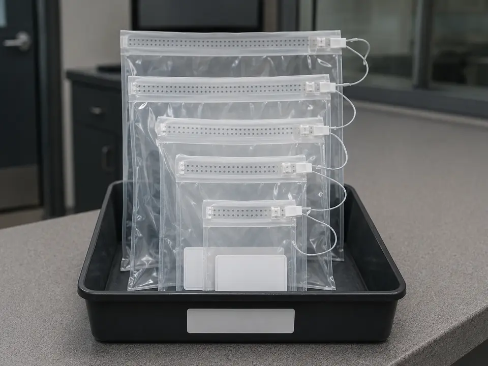 Tamper-evident lost-and-found bags in an organized intake tray