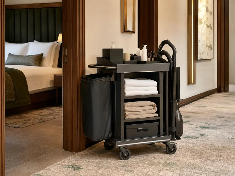 Compact maid cart in a boutique hotel corridor