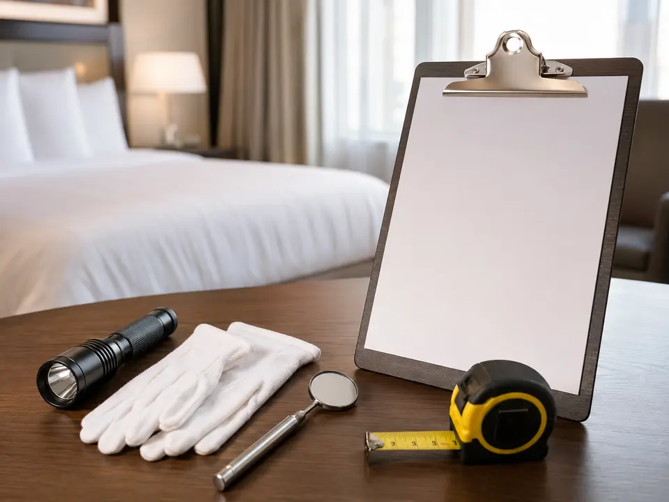 Hotel room-inspection kit with flashlight, mirror and clipboard