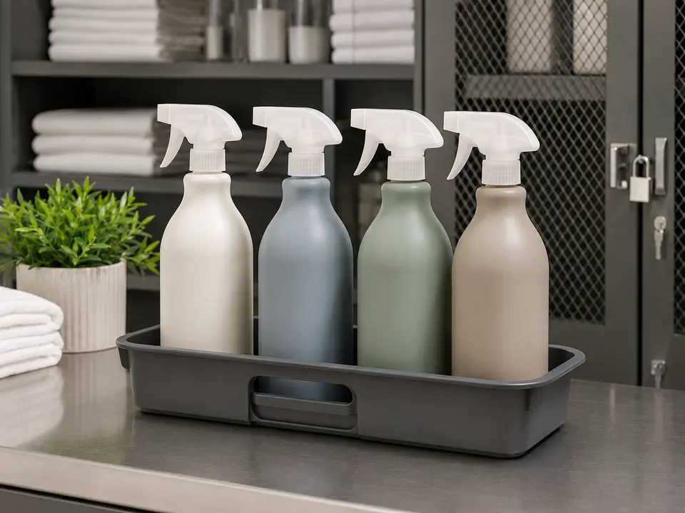 Color-coded refillable spray bottles in an organized tray