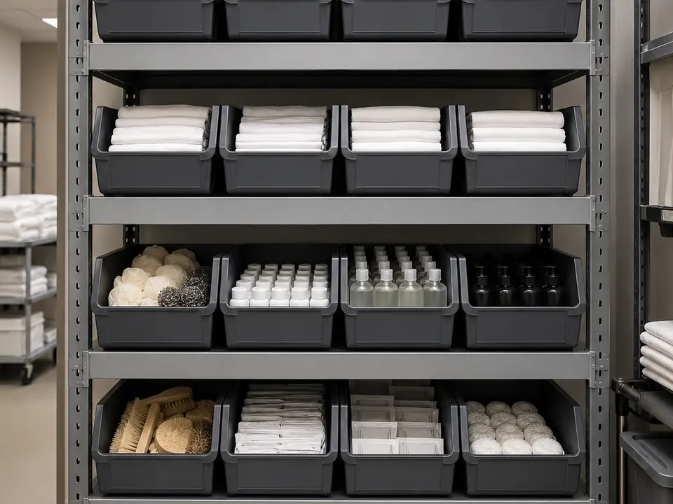 Modular supply bins in an organized housekeeping storeroom