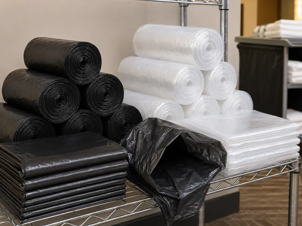 Rolls and stacks of commercial trash bags on a supply shelf