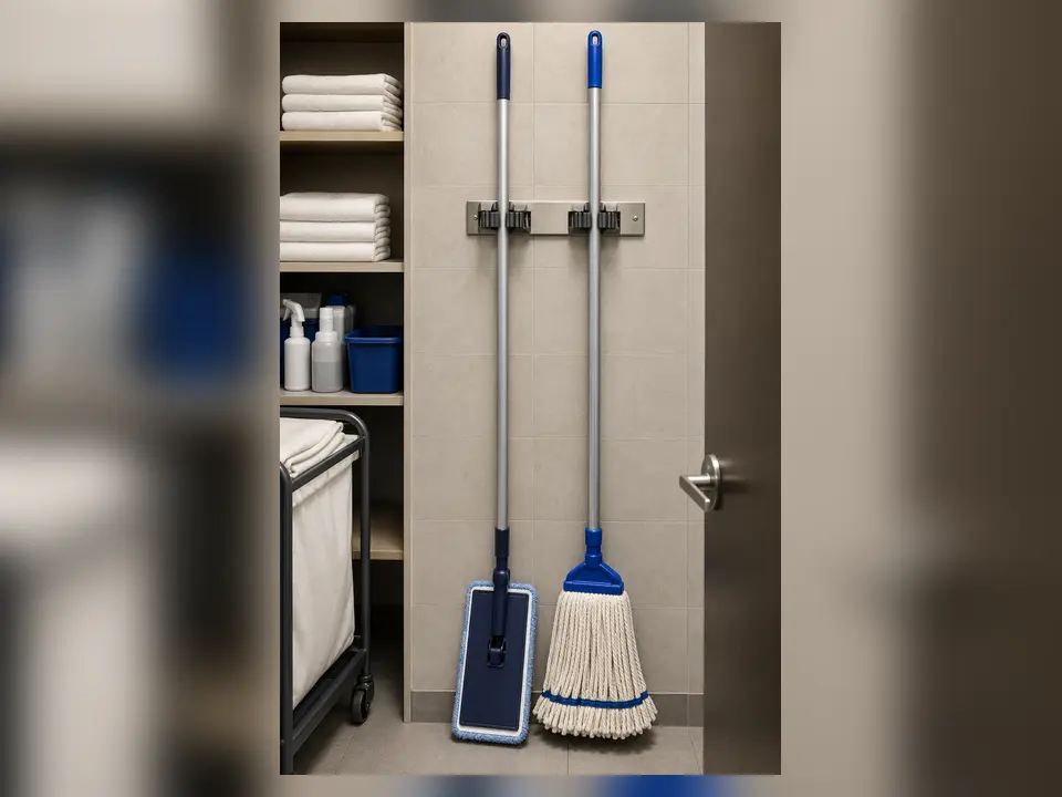 Professional wet and dry mops stored on a housekeeping rack
