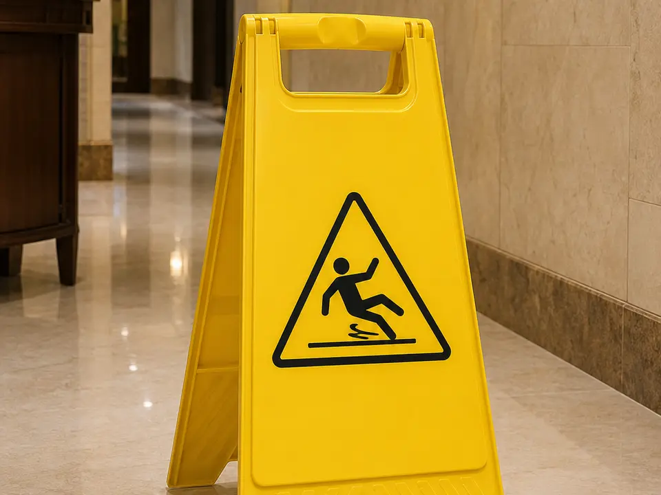 Freestanding wet-floor safety sign in a hotel corridor