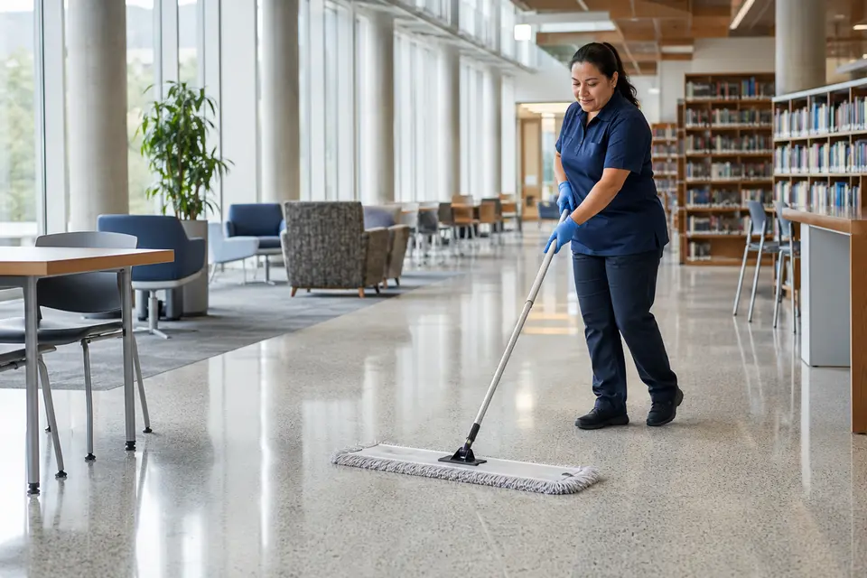 Facility-care worker mopping a modern university learning commons