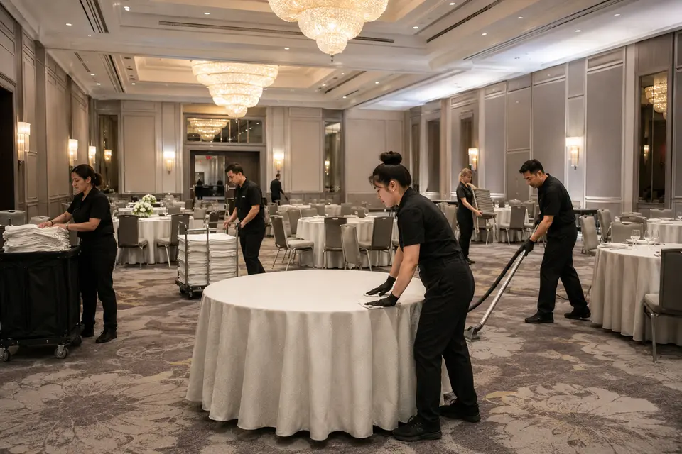 Event-venue cleaning crew resetting a hotel ballroom