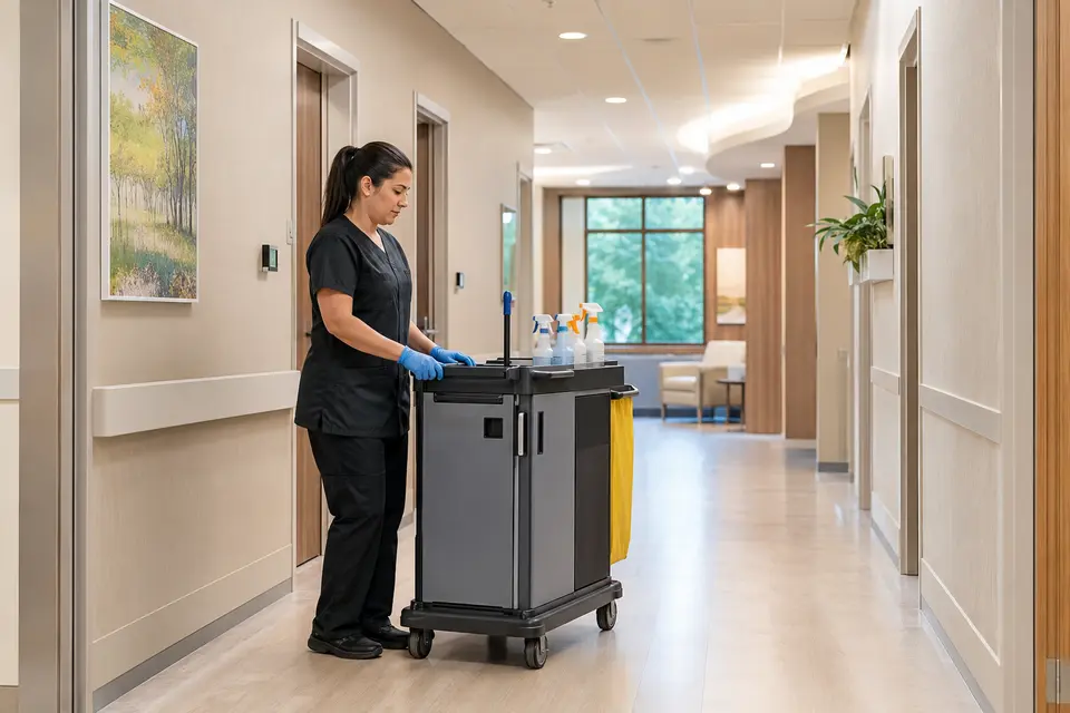 Environmental-services staff cleaning a modern healthcare corridor