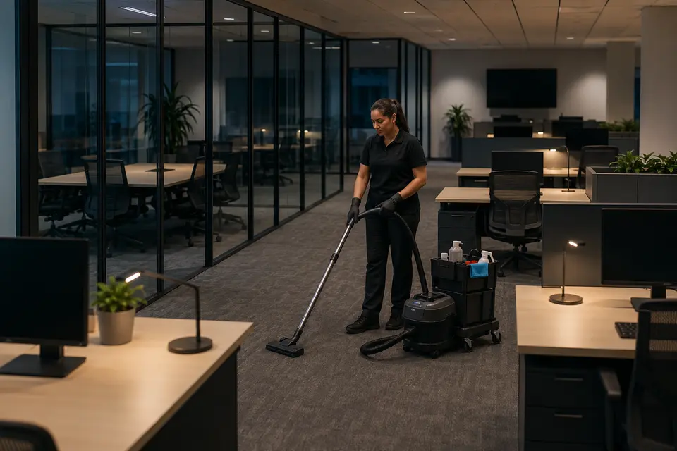 Janitorial staff maintaining a contemporary office after hours