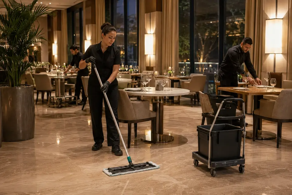 Restaurant closing crew cleaning an elegant dining room