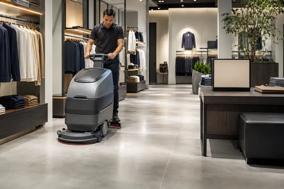 Retail attendant operating a compact floor scrubber before opening