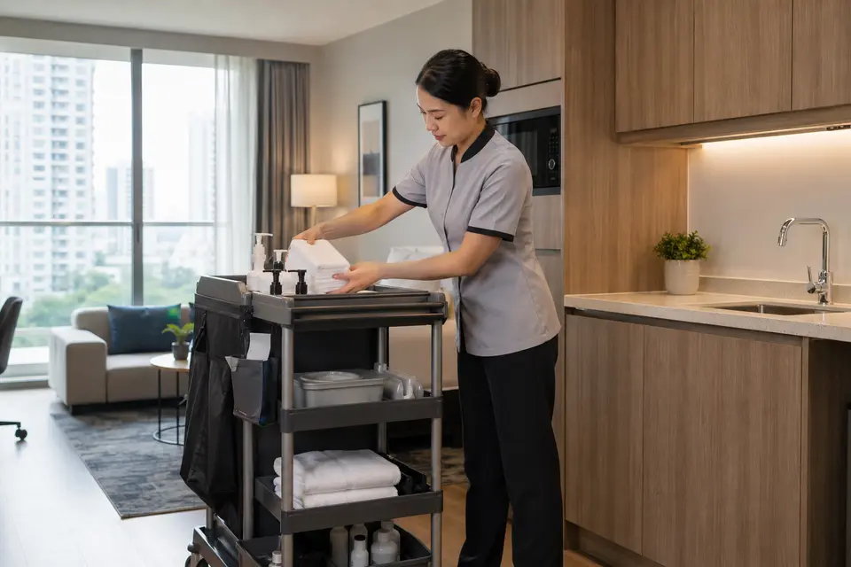 Housekeeping attendant restocking a cart in a serviced apartment