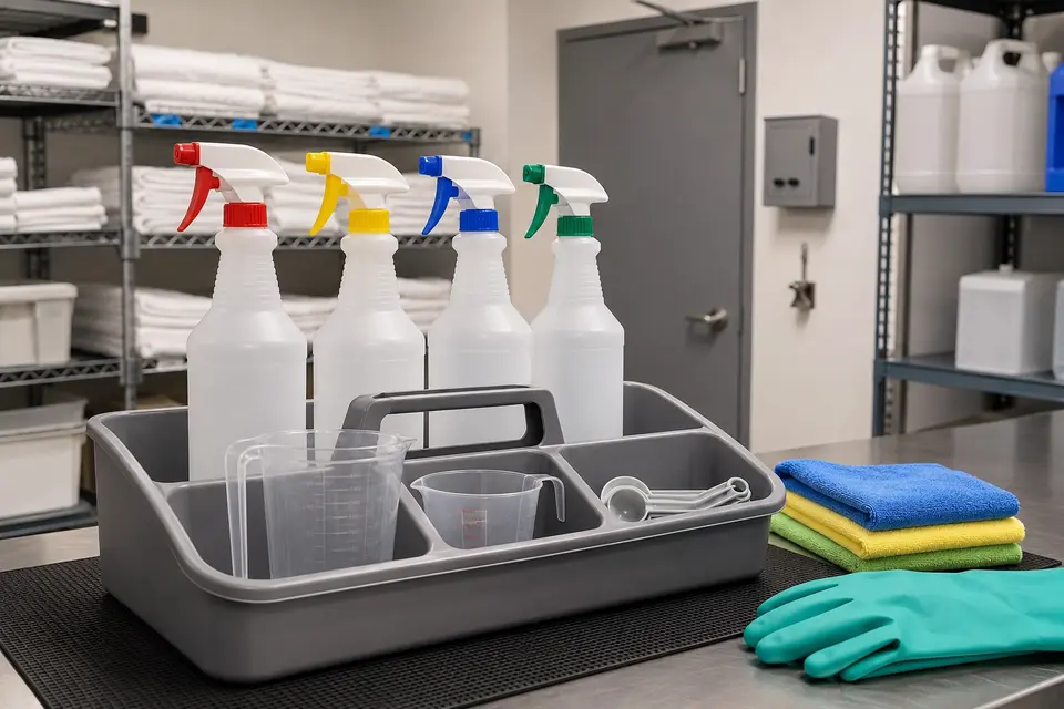 Chemical-resistant cleaning caddy with organized blank bottles