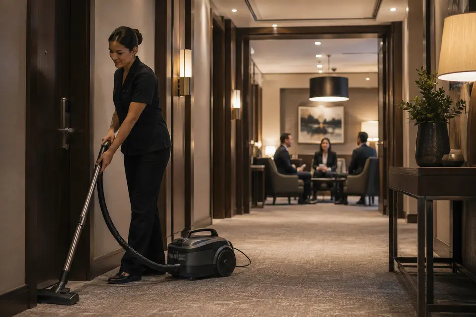 Quiet commercial vacuum operating discreetly in a hotel corridor