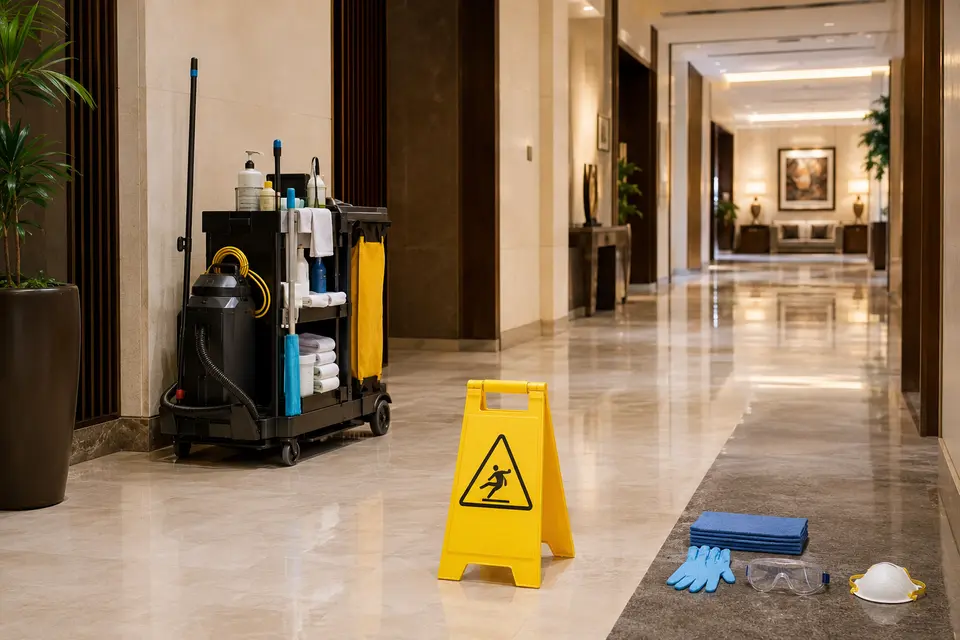Orderly hotel floor-care setup with PPE and a safety sign