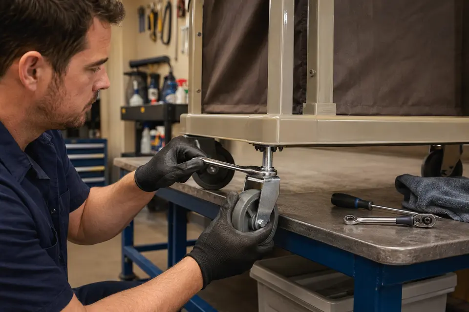 Technician replacing a removable commercial cart caster