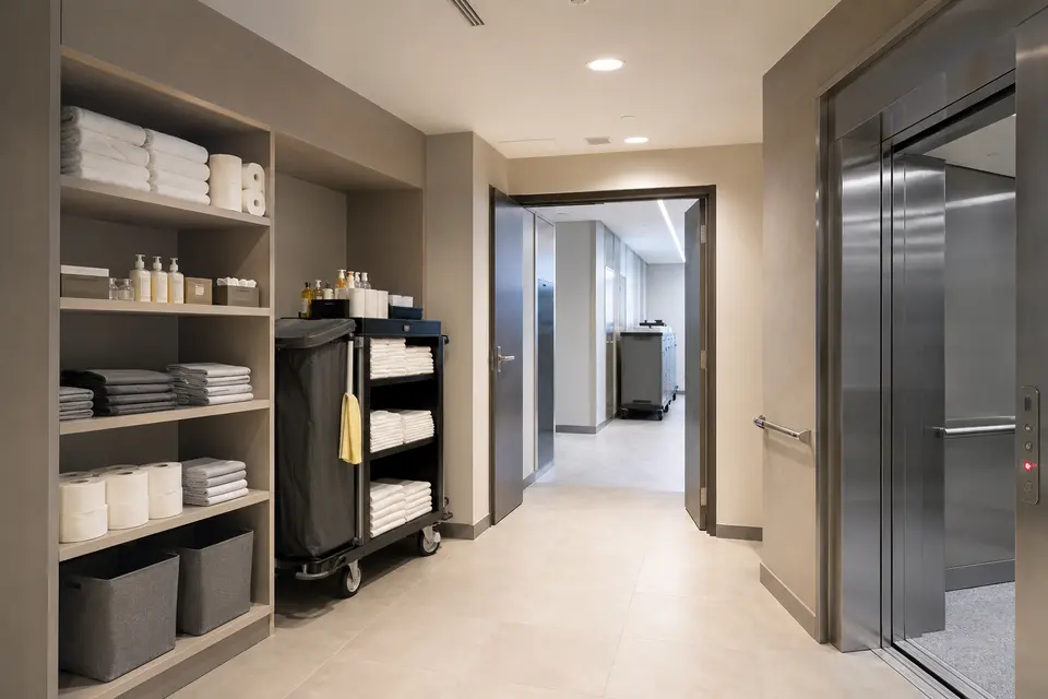 Housekeeping cart fitting an organized hotel service storage area