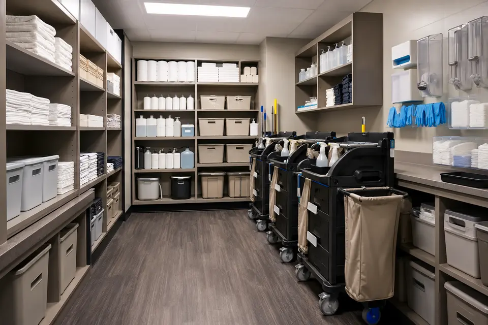 Organized hotel housekeeping storeroom with carts, bins and supplies