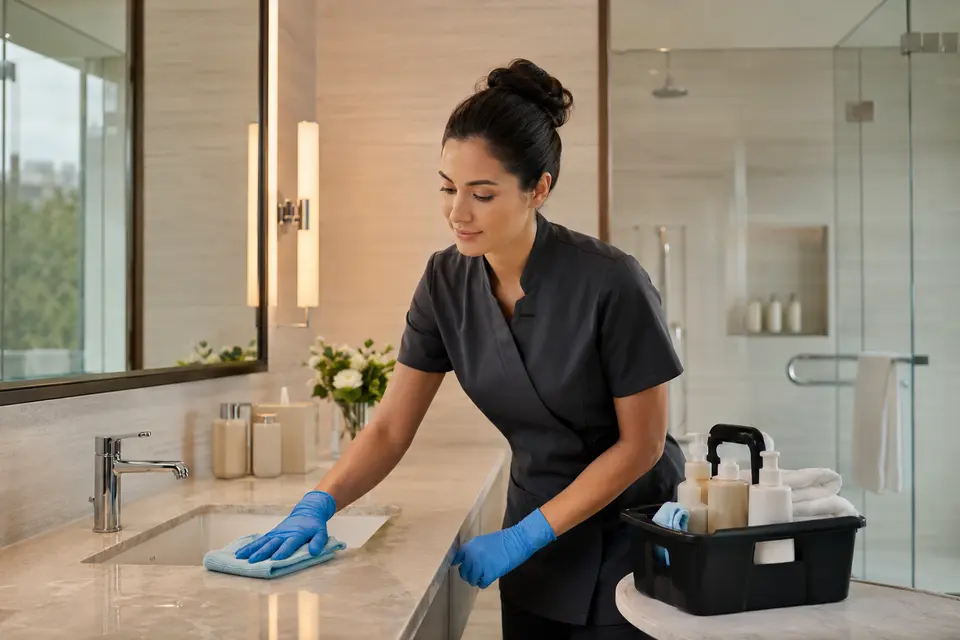 Professional hotel bathroom cleaning with microfiber cloth and caddy