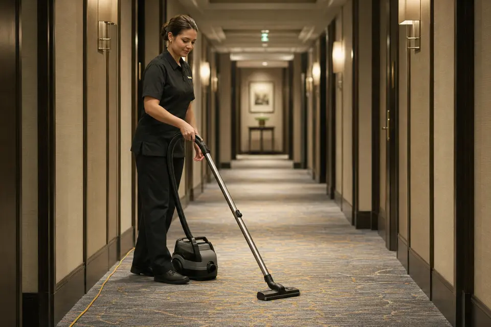 Hotel corridor floor care with a commercial vacuum