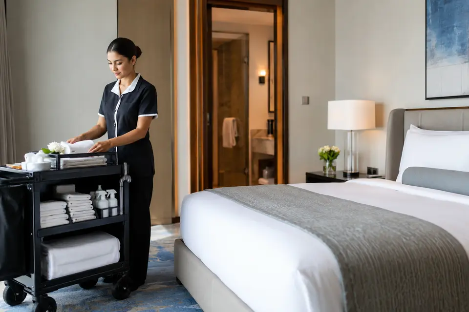 Hotel room attendant preparing an upscale guest room