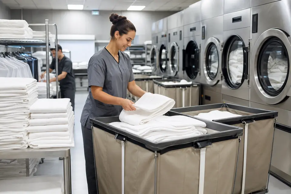 Hotel laundry staff sorting clean linens into rolling carts