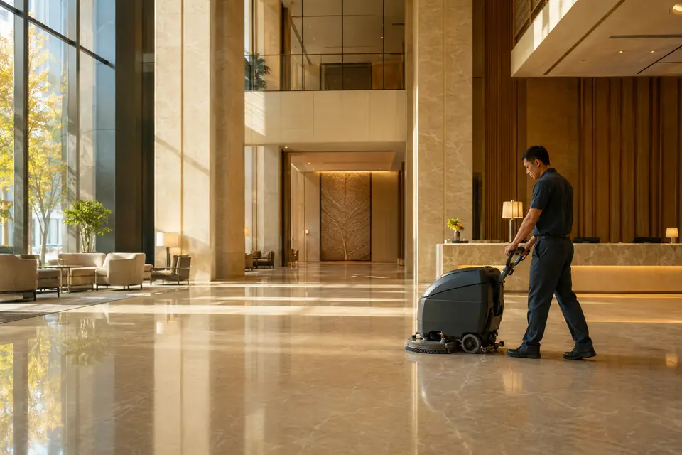Public-area attendant operating a compact floor scrubber in a hotel lobby