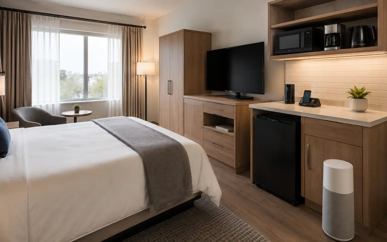 Extended-stay hotel room electronics and appliance package