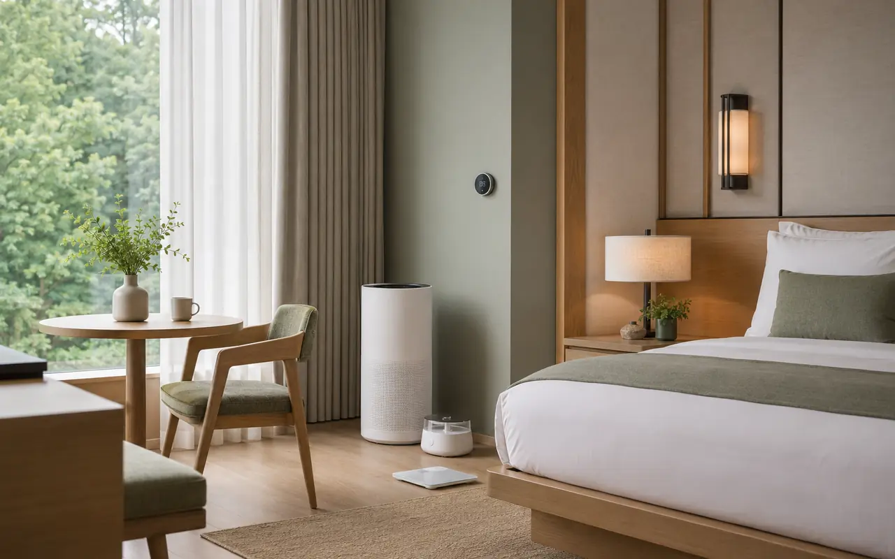 Wellness-focused hotel room with air quality and comfort electronics