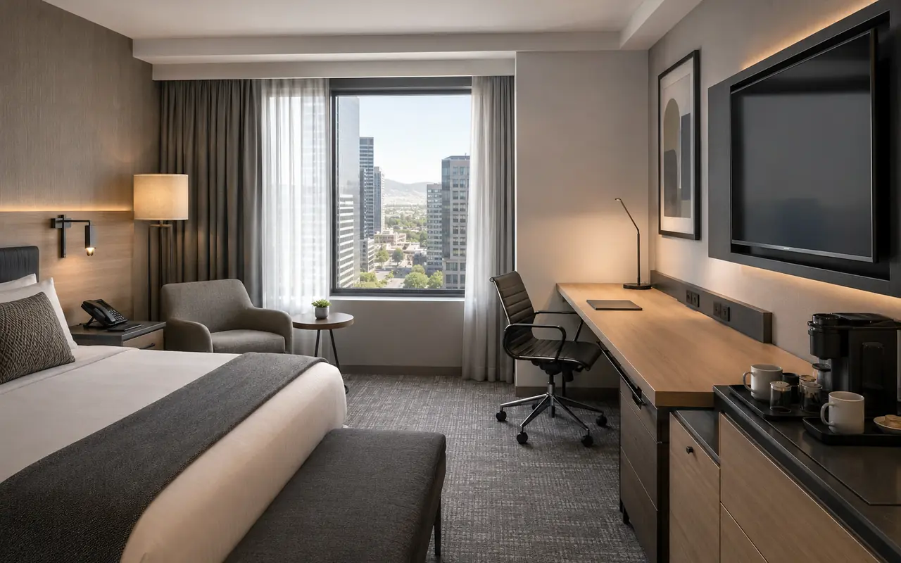 Business hotel room appliances and electronics