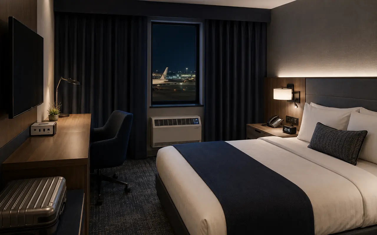 Durable guest-room electronics selected for an airport hotel