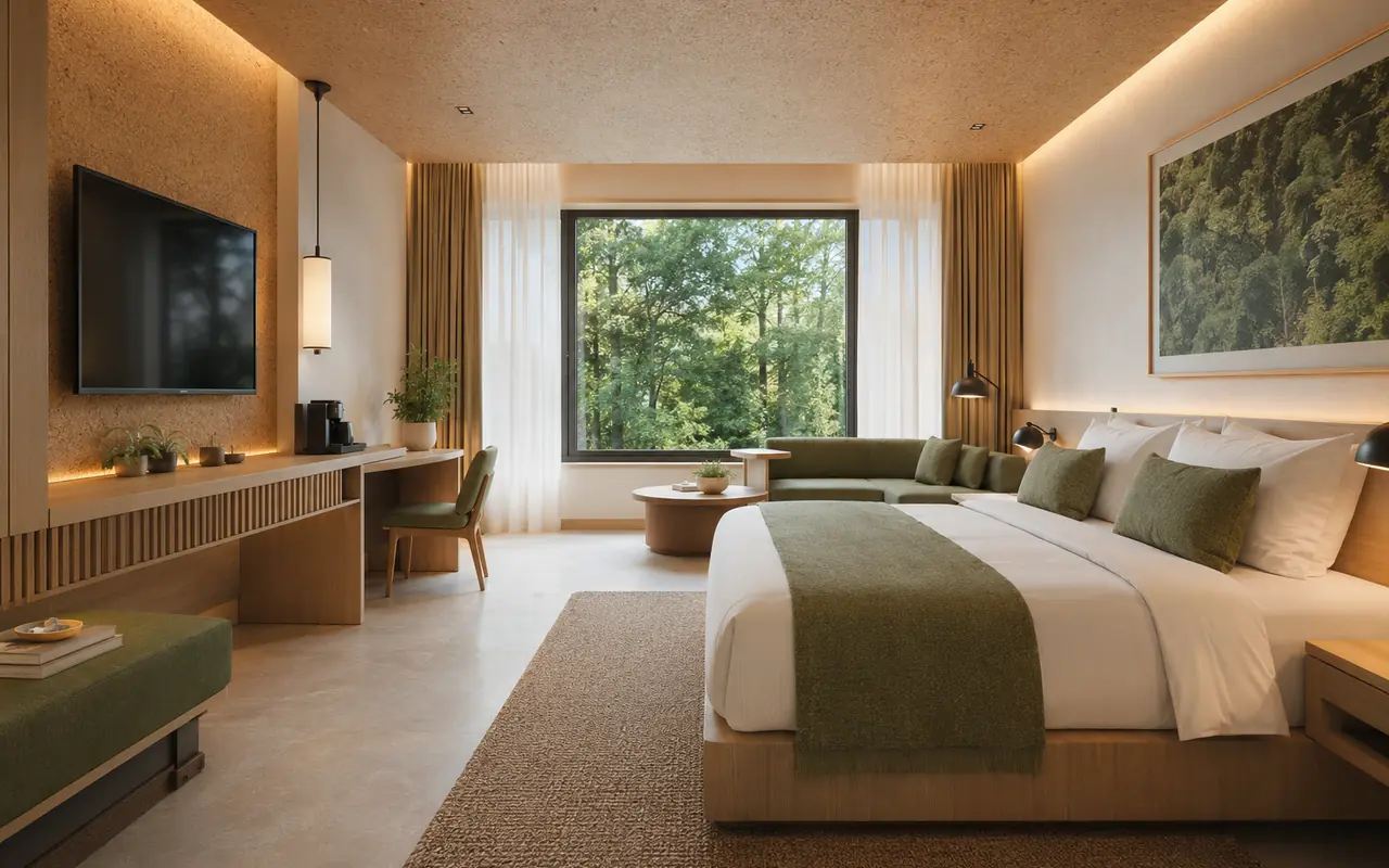 Energy-efficient guest-room controls in an eco-conscious hotel