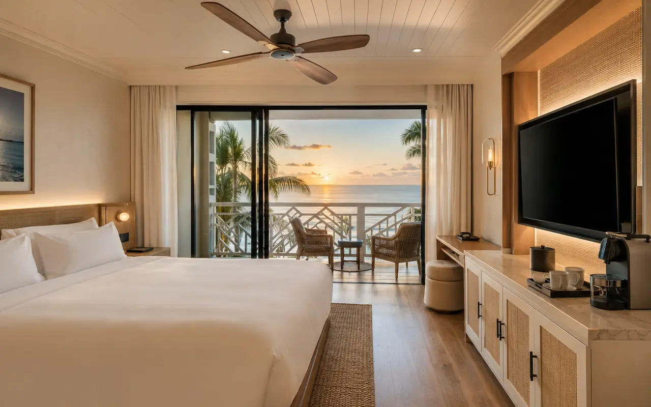 Coordinated electronics in a coastal boutique hotel guest room