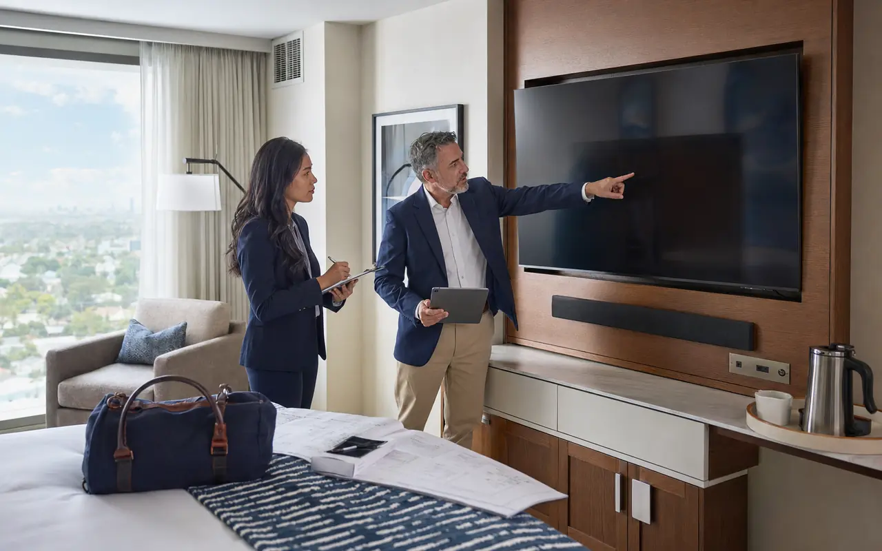 Hotel project team defining in-room electronics requirements