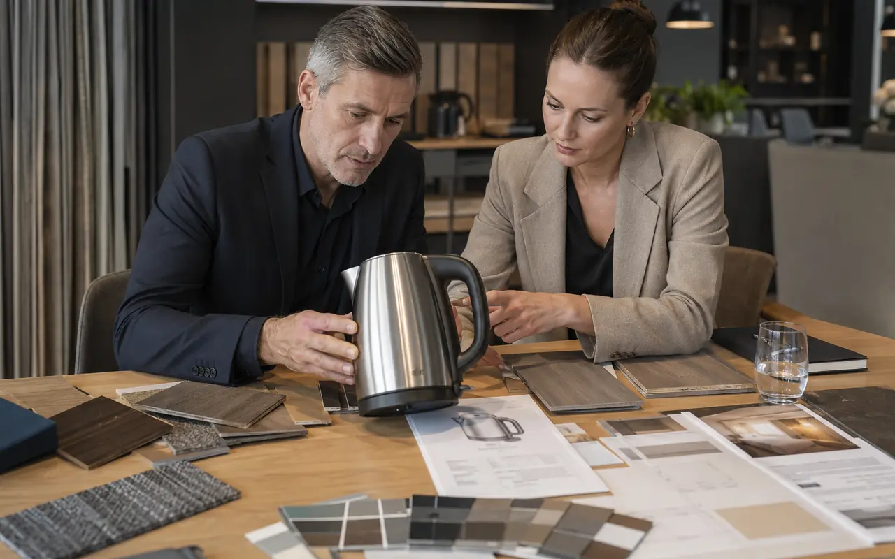 Buyer reviewing a physical sample for hotel use