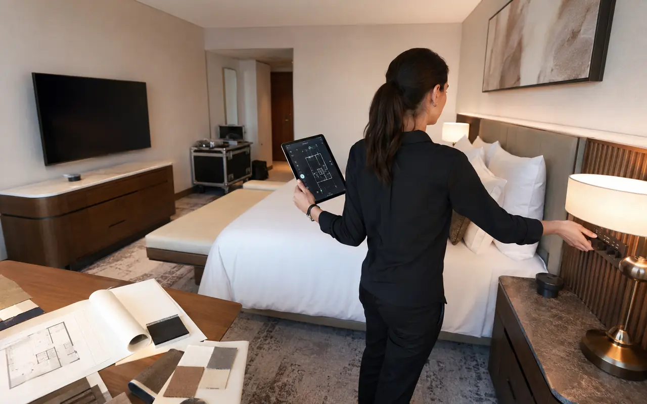 Hotel room mockup used to validate electronics placement