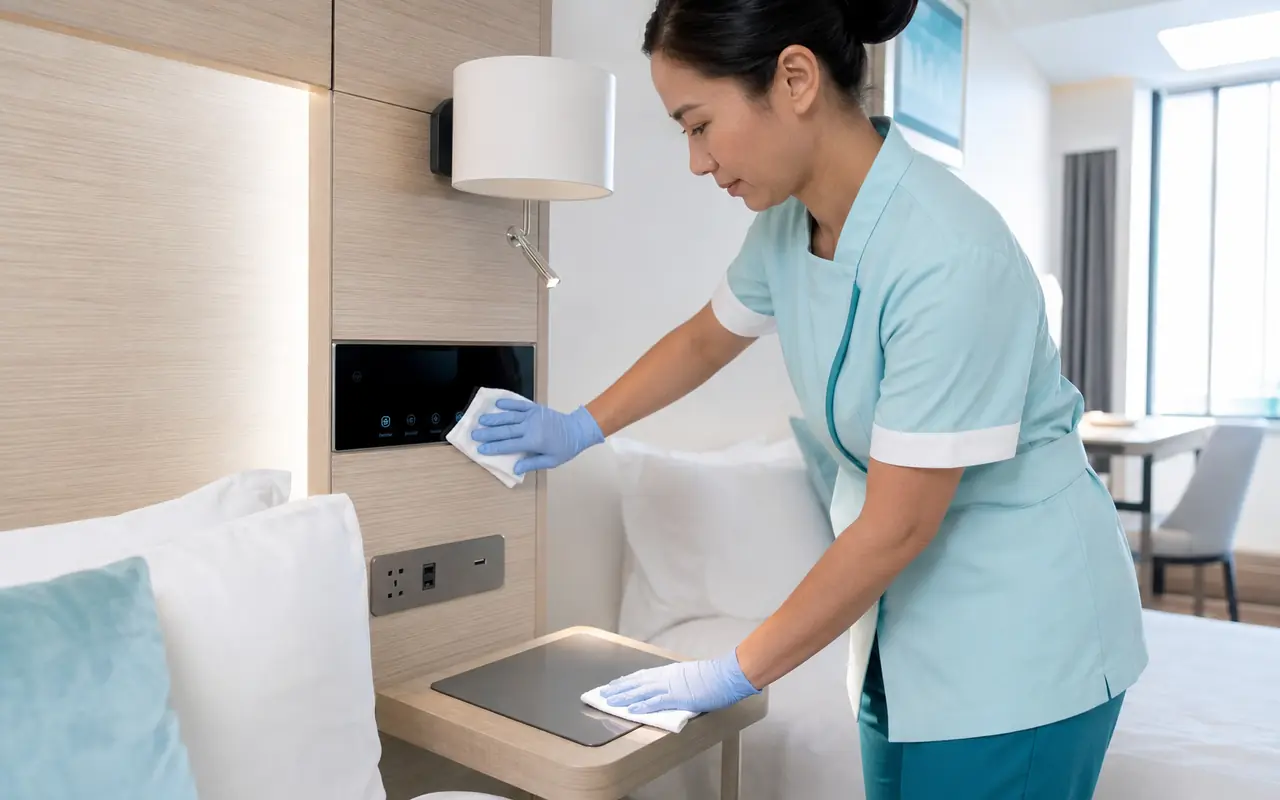 Easy-clean design for hotel in-room appliances and electronics