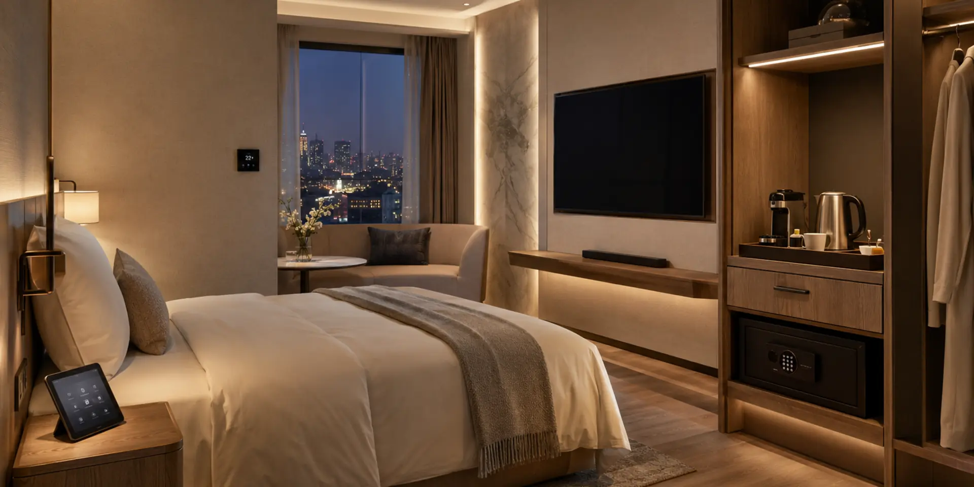 Modern hotel guest room with coordinated in-room appliances, entertainment, charging, and smart-room controls