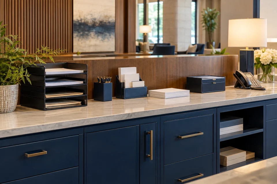 Tidy reception back counter with organized document trays, concealed cables and neatly stacked blank registration stationery