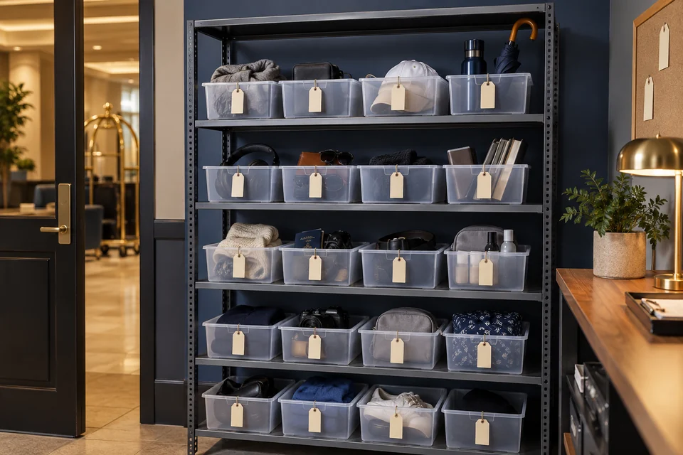 Lost-property bins arranged on secure office shelving
