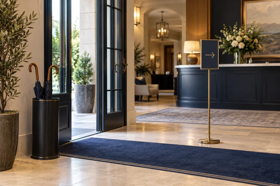 Uncluttered lobby entrance with signage and umbrella storage