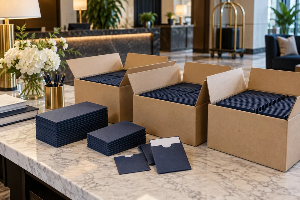 Key-card wallets packed for a repeat order
