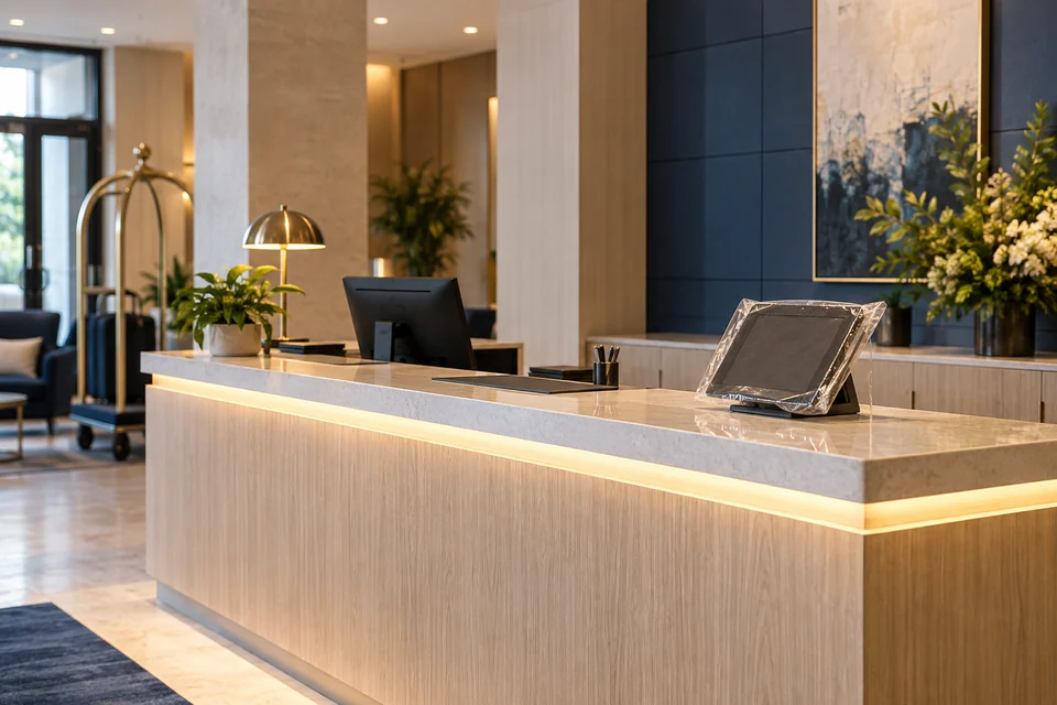 New reception desk prepared for a hotel opening