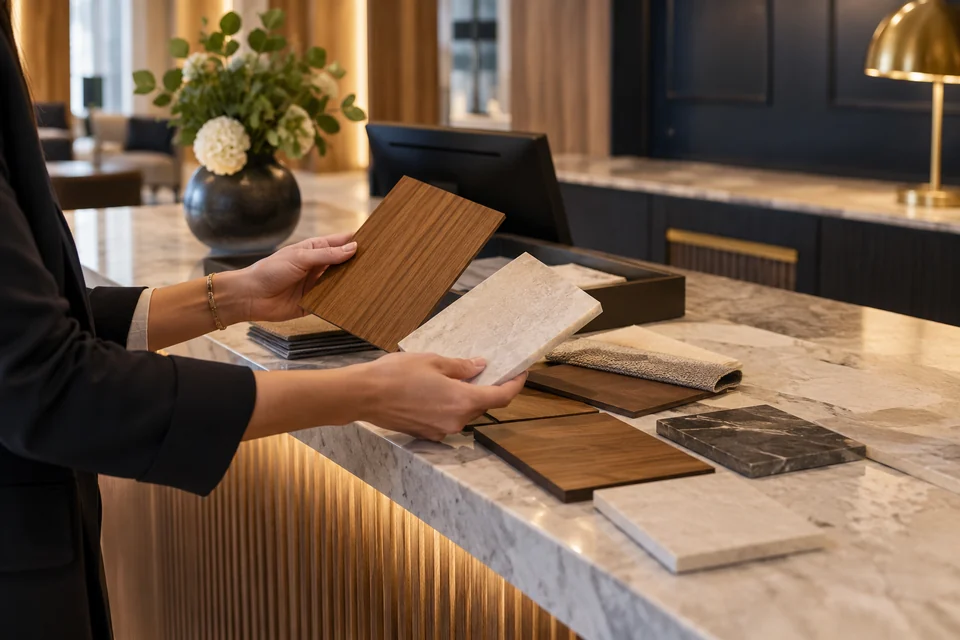 Wood and stone finish samples on a reception counter