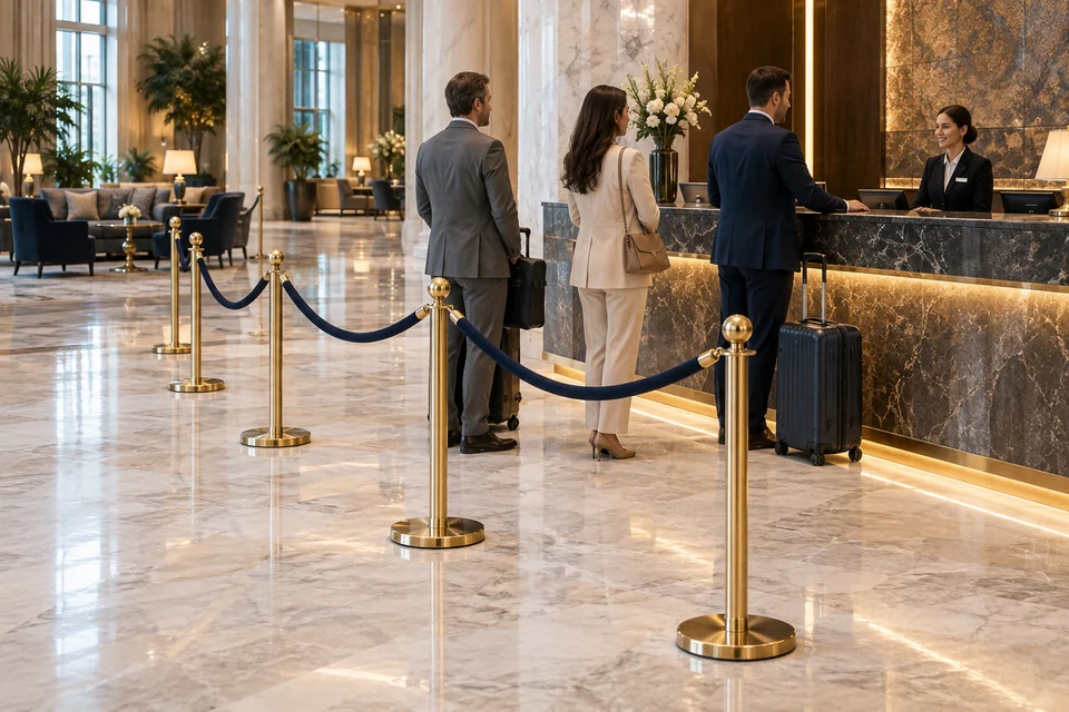 Queue barriers guiding arrivals through a hotel lobby