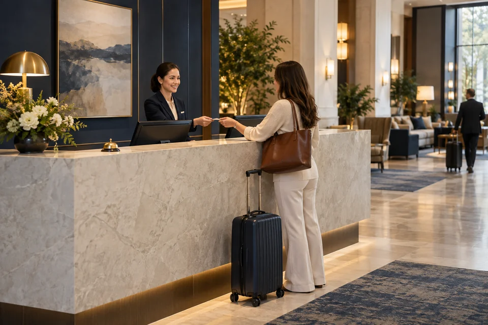 Hotel check-in counter with a computer and desk bell
