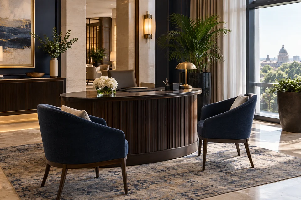 Concierge desk with guest seating beside a window