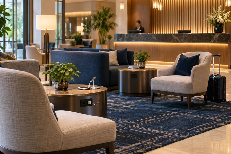 Guest lounge seating with charging outlets