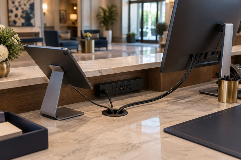 Tablet dock and managed cables behind a reception desk