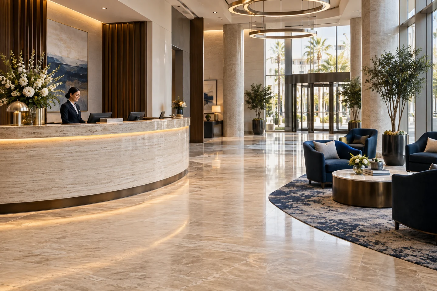 Hotel reception with a curved stone counter and navy lounge seating