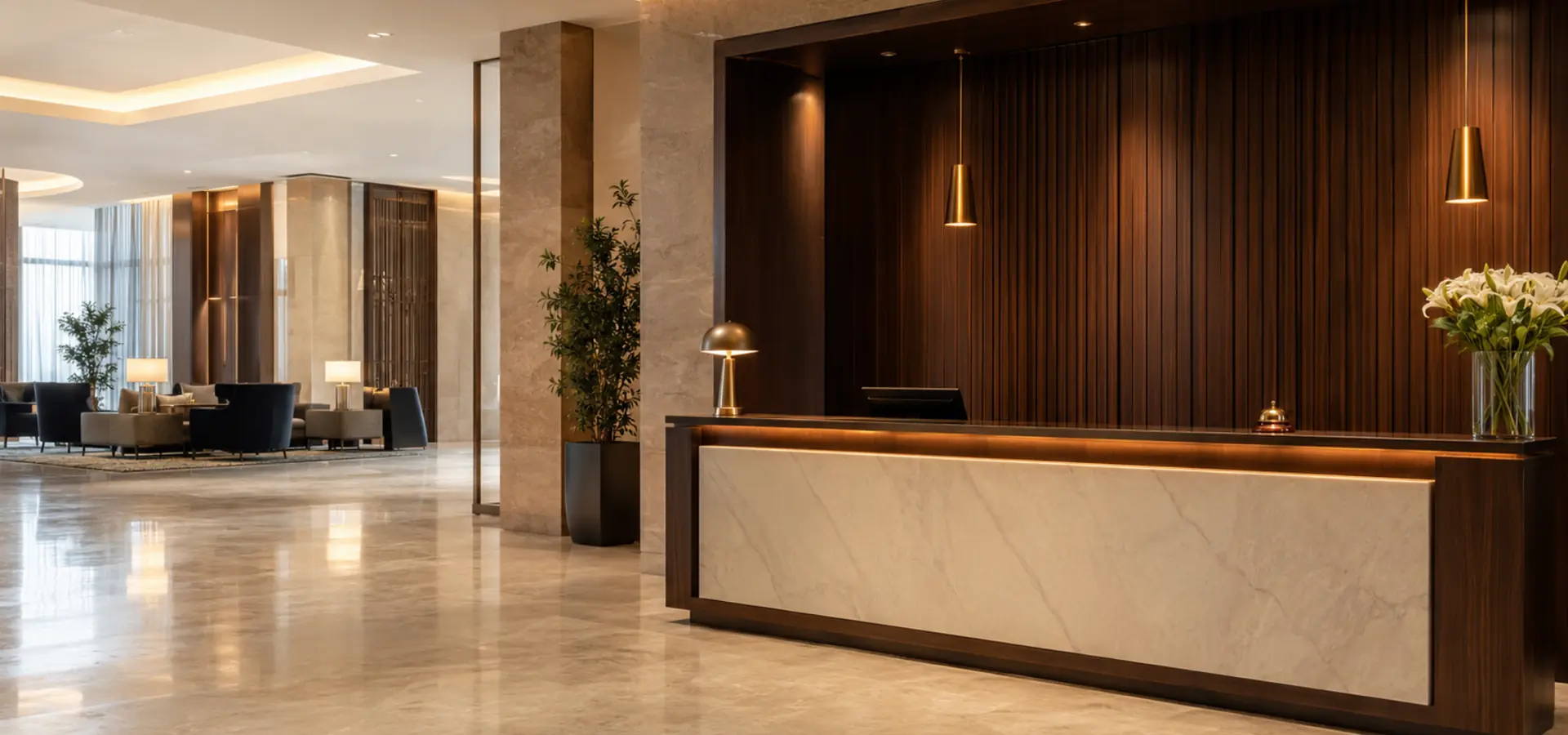 Luxury hotel lobby reception desk prepared for guest arrival and front-office operations